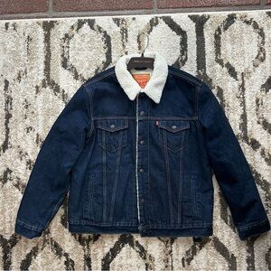 Levis Sherpa Lined Denim Jacket Mens Large Blue Jean Trucker Fleece Snap Classic